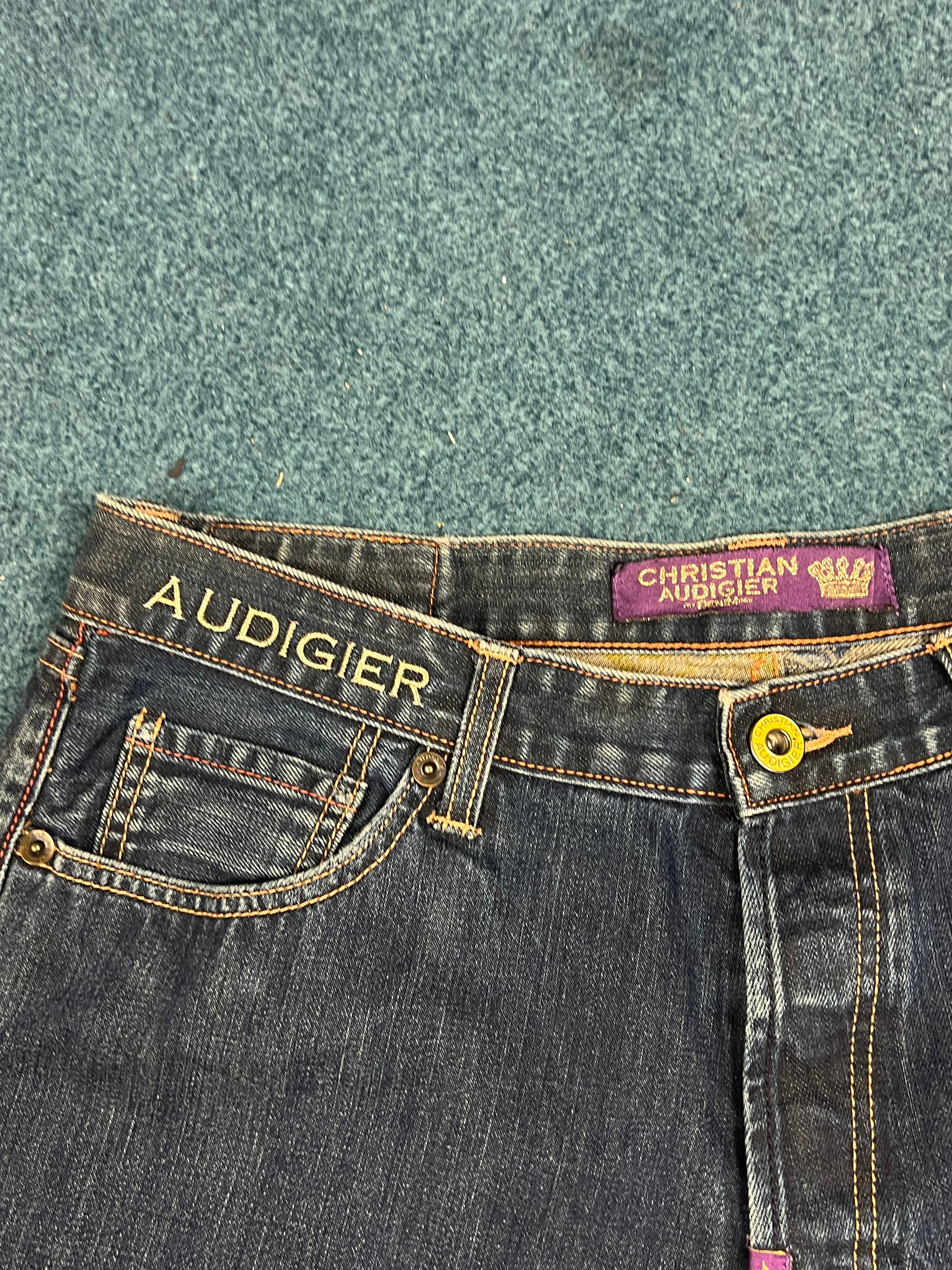 Early 2000s Christian Audigier Liberty Statue (not Ed Hardy) Flared Denim Trousers (34)