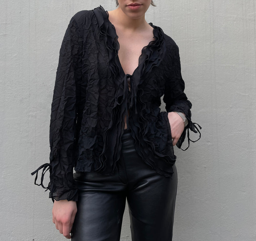 VINTAGE MESH LACE UP BLOUSE WITH KNITTERED OPTIC (L)
