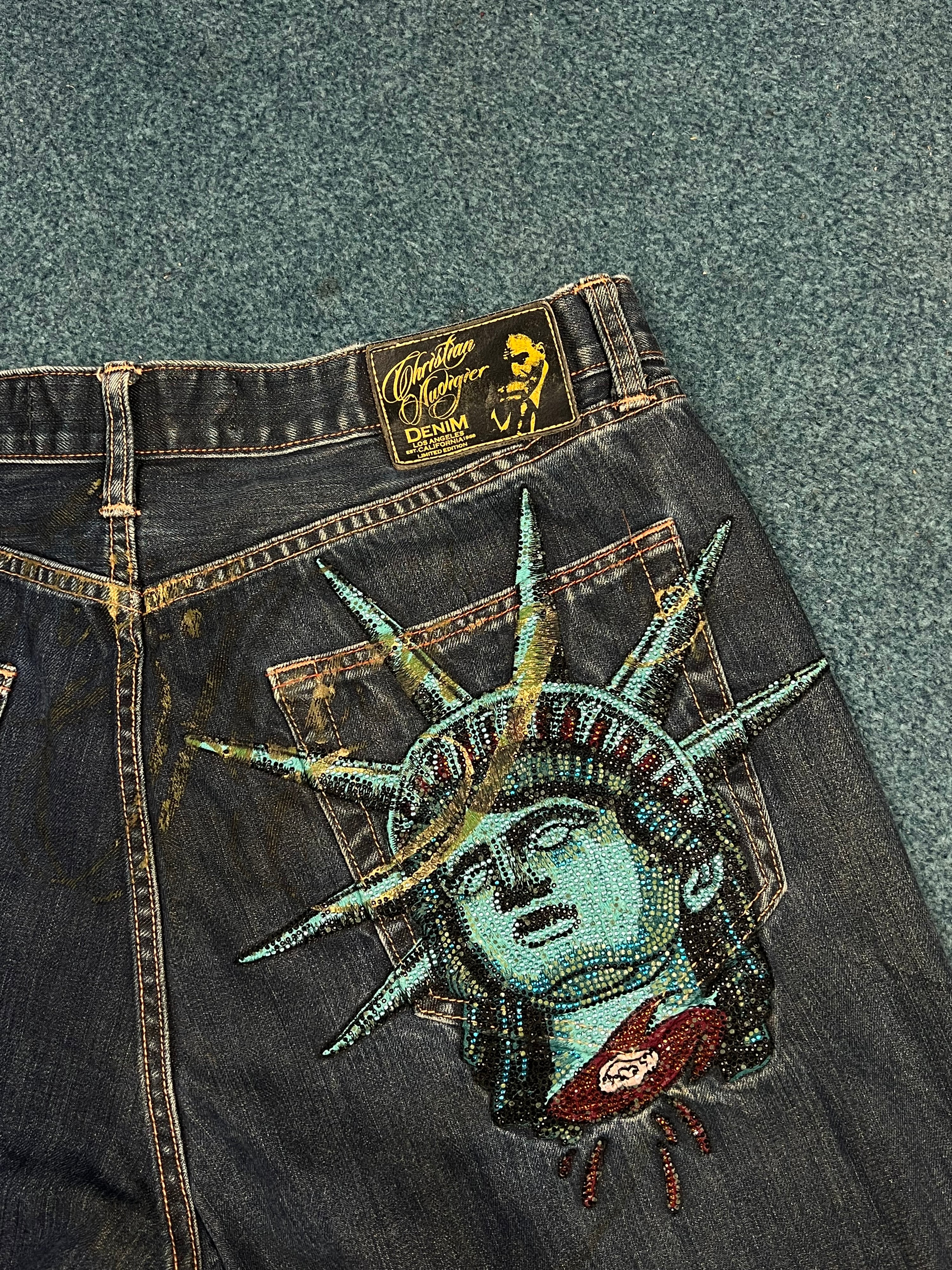 Early 2000s Christian Audigier Liberty Statue (not Ed Hardy) Flared Denim Trousers (34)