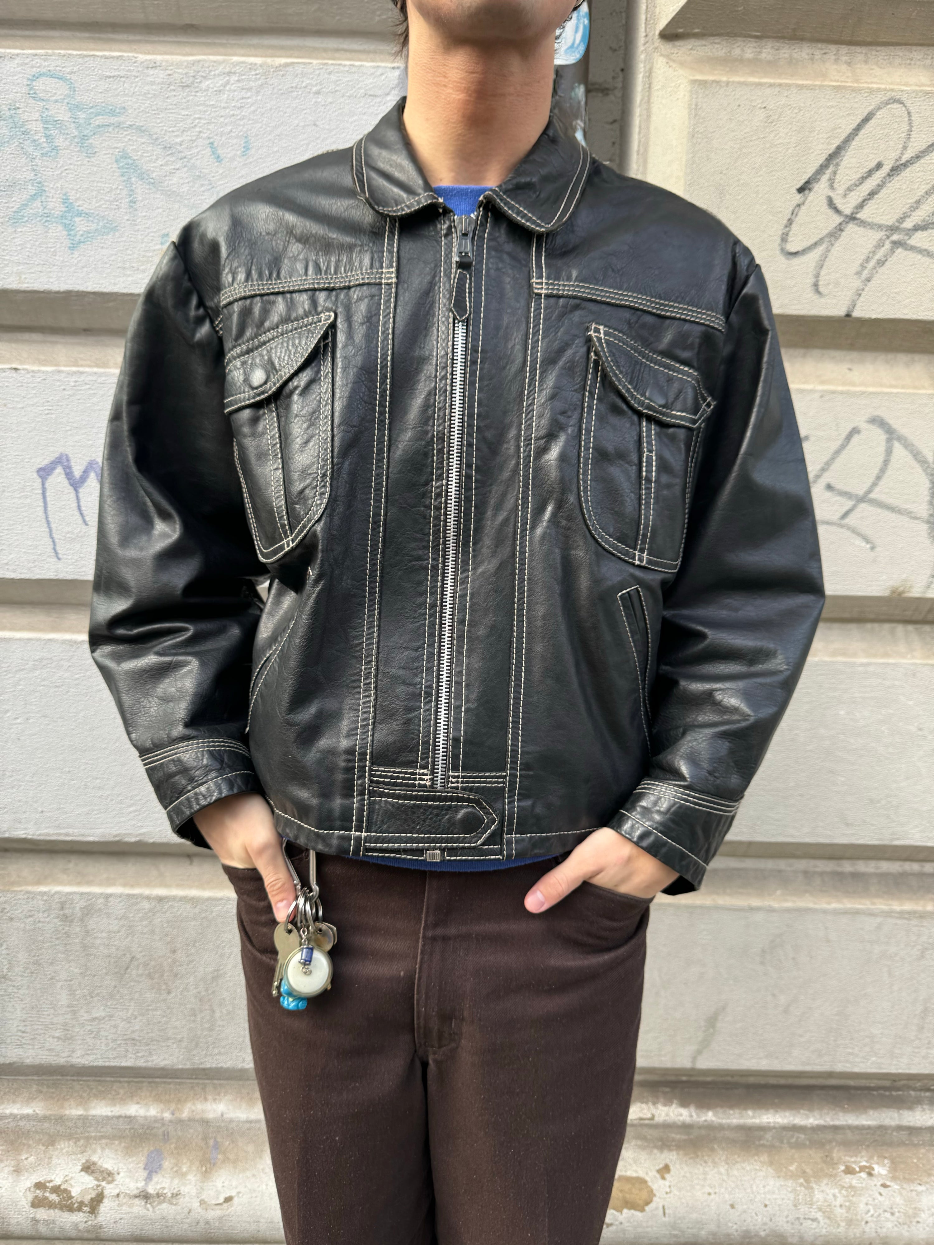 Vintage 90s Heavy Contrast Stitching Leather Jacket (M)
