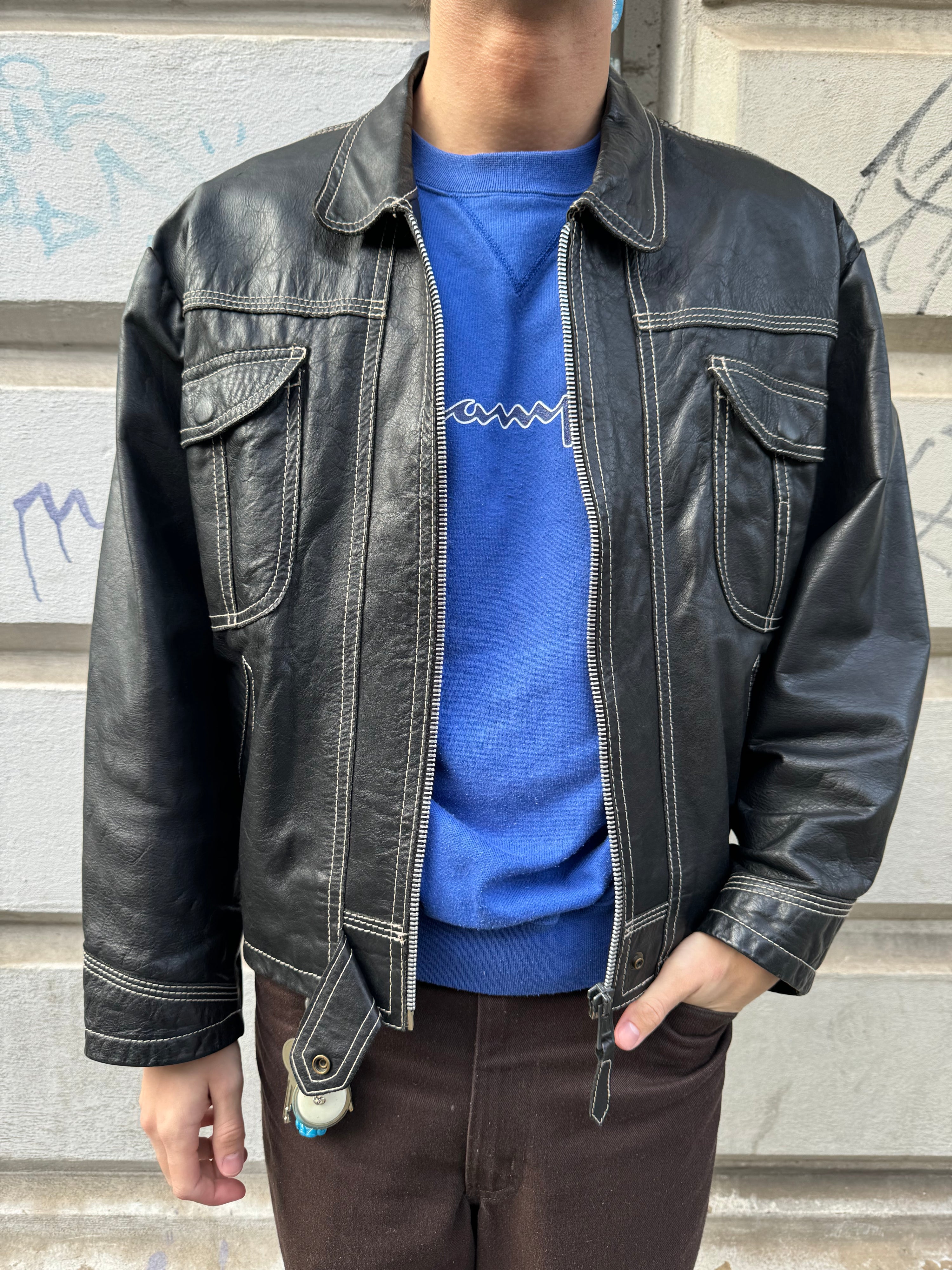 Vintage 90s Heavy Contrast Stitching Leather Jacket (M)