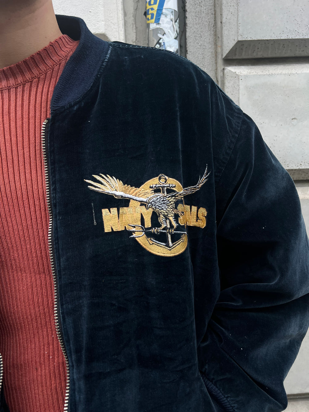 Vintage 80s 90s Navy Seals Velvet Velour College Jacket (L)